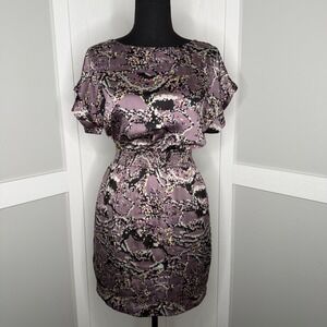 BCBG Generation Dress Women XS Purple Abstract Print Elastic Waist Pockets 3512